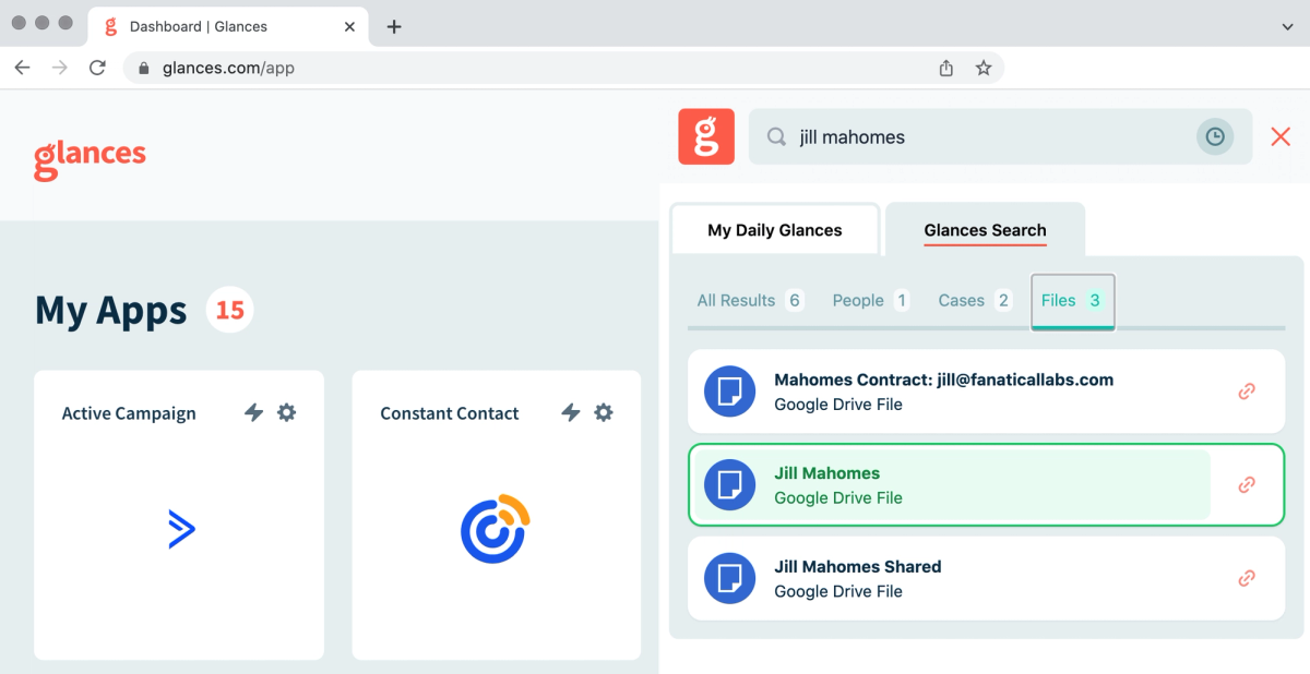 Screenshot of Glances one-click filter organizing your results by type