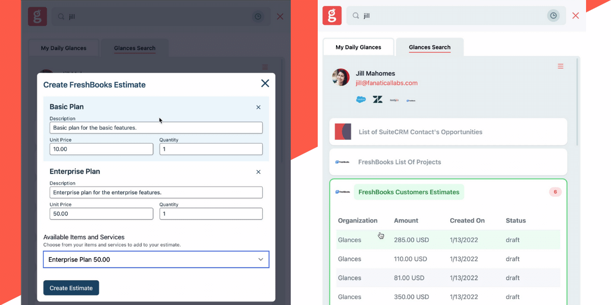 Directions to create a FreshBooks estimate or invoice anywhere online using Glances