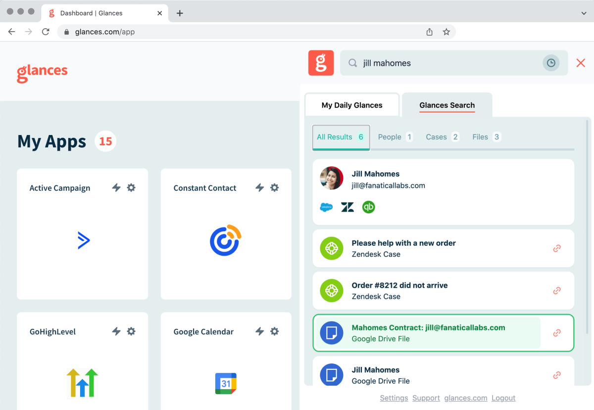Screenshot of Glances one-click filter organizing your results by type