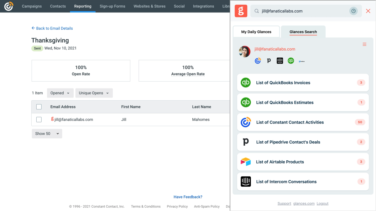 View Constant Contact marketing data while working anywhere online, using Glances