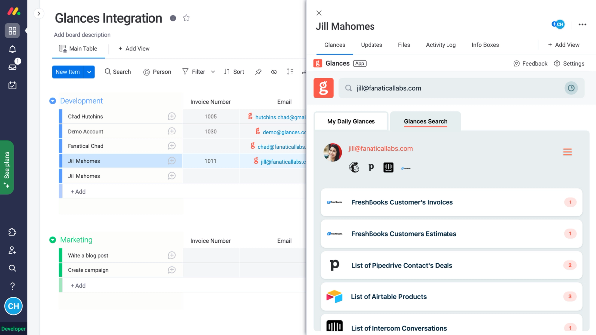Screenshot of Glances user working in monday.com viewing FreshBooks data