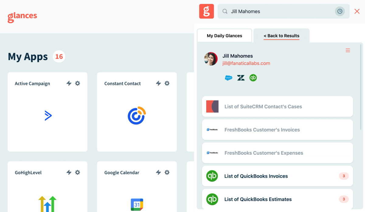 Screenshot of Glances one-click filter organizing your results by type