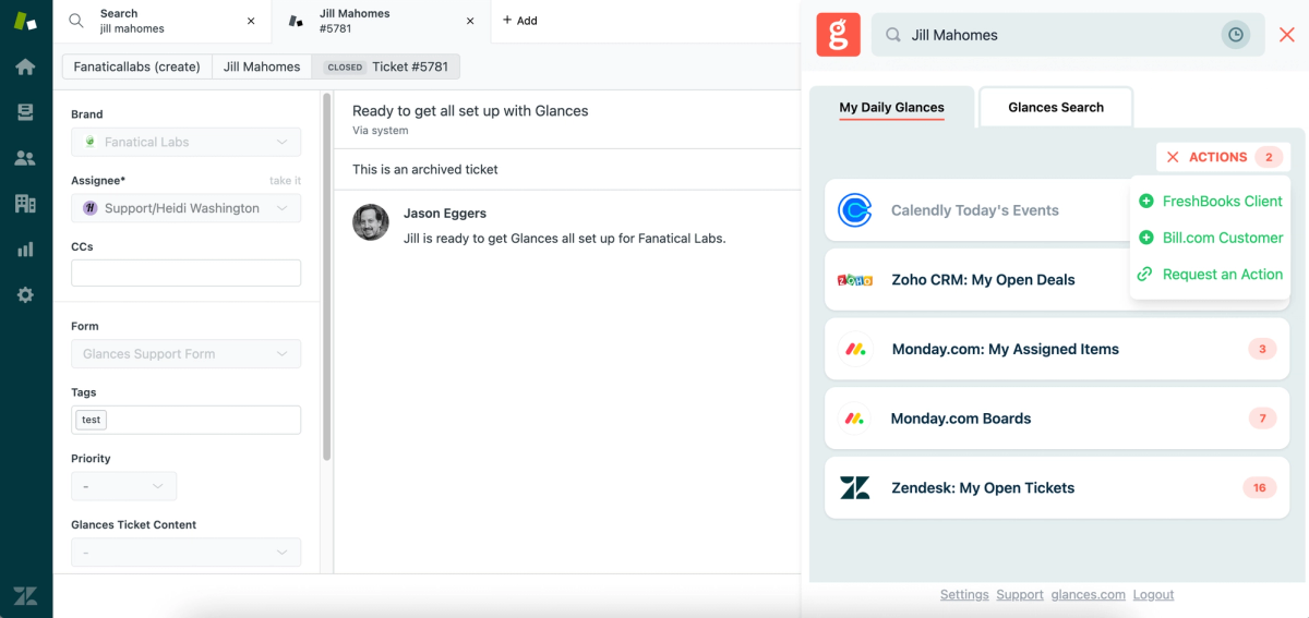 Screenshot of Glances user working in Zendesk and viewing Glances Actions menu
