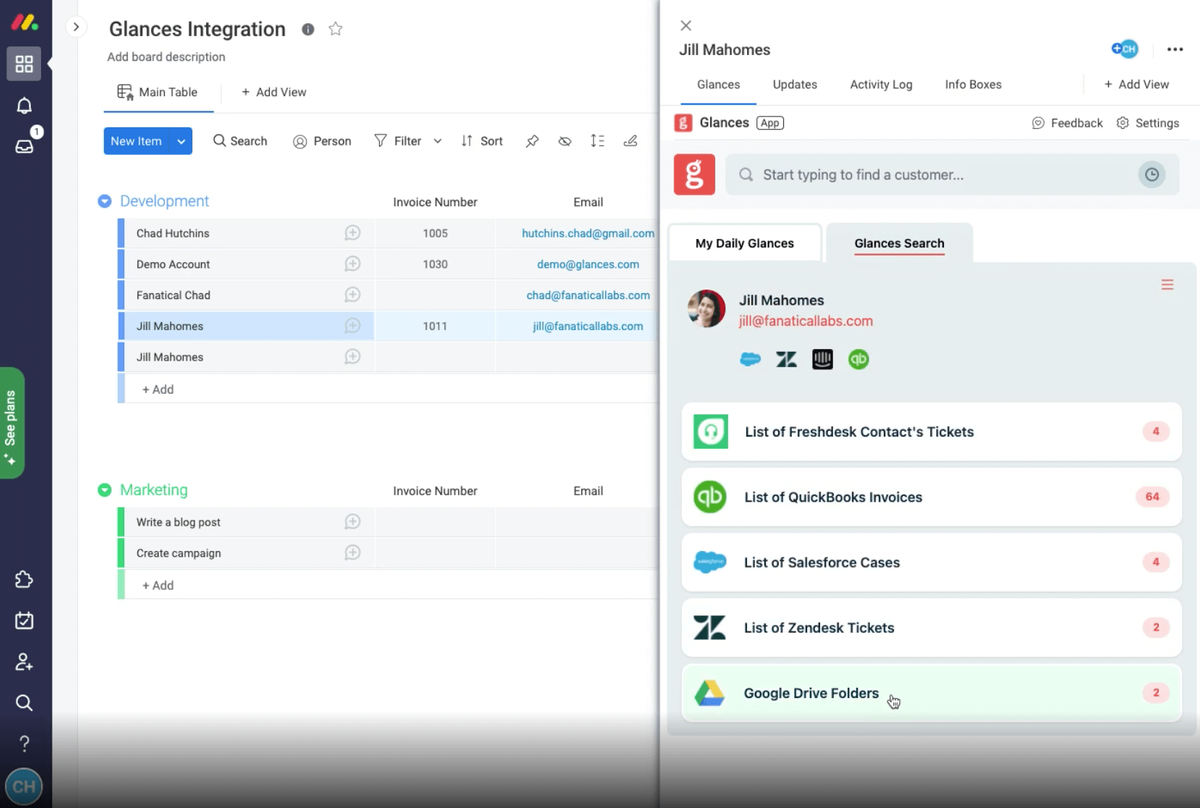 Screenshot of Glances user working in monday.com using Glances to view Google Drive folders