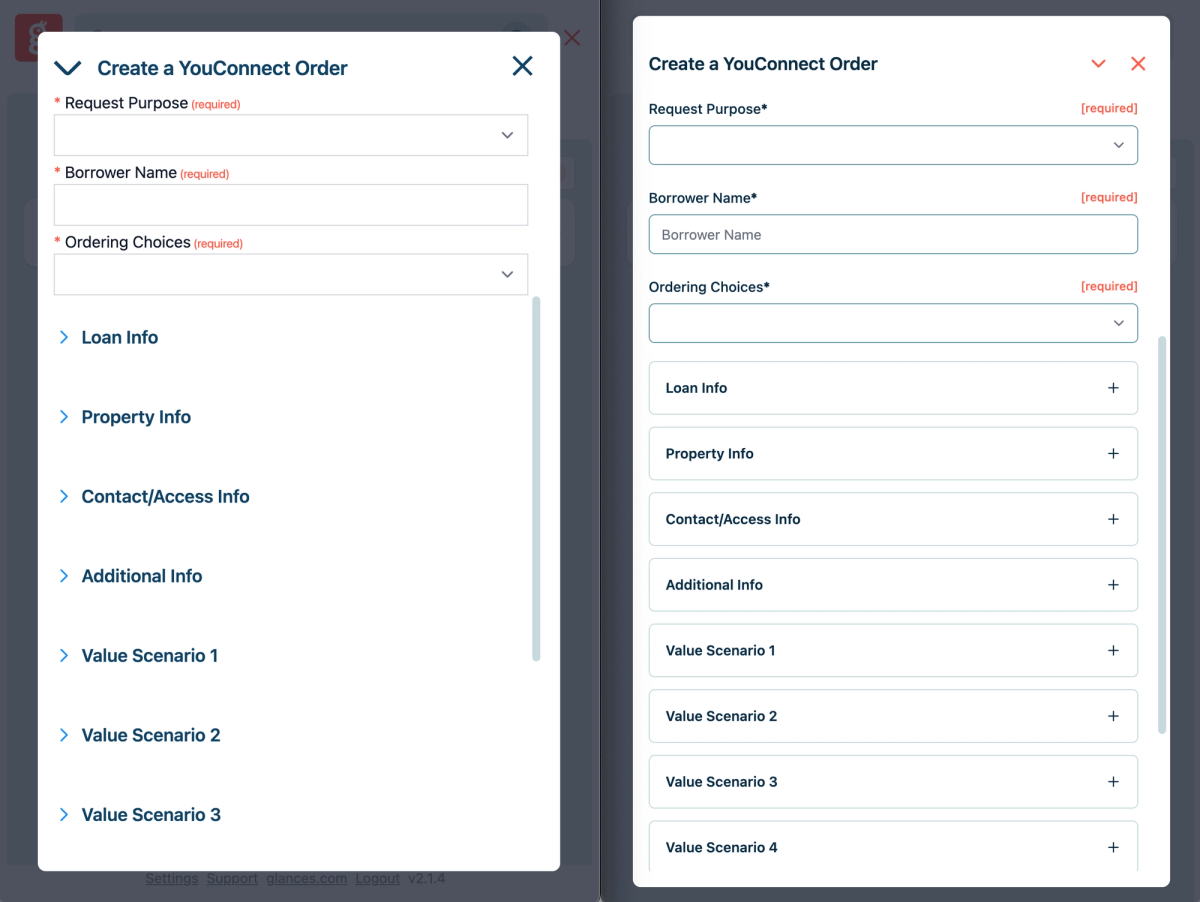 Glances Action Forms side-by-side design update for YouConnect appraisal orders
