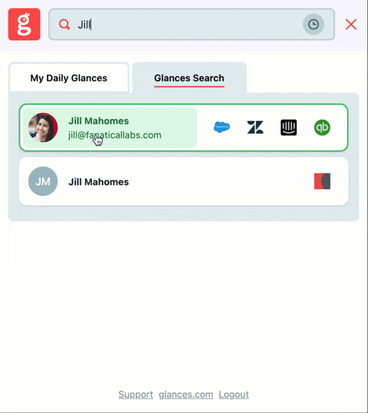 Glances user viewing a list of Zendesk ticket conversations while working anywhere online