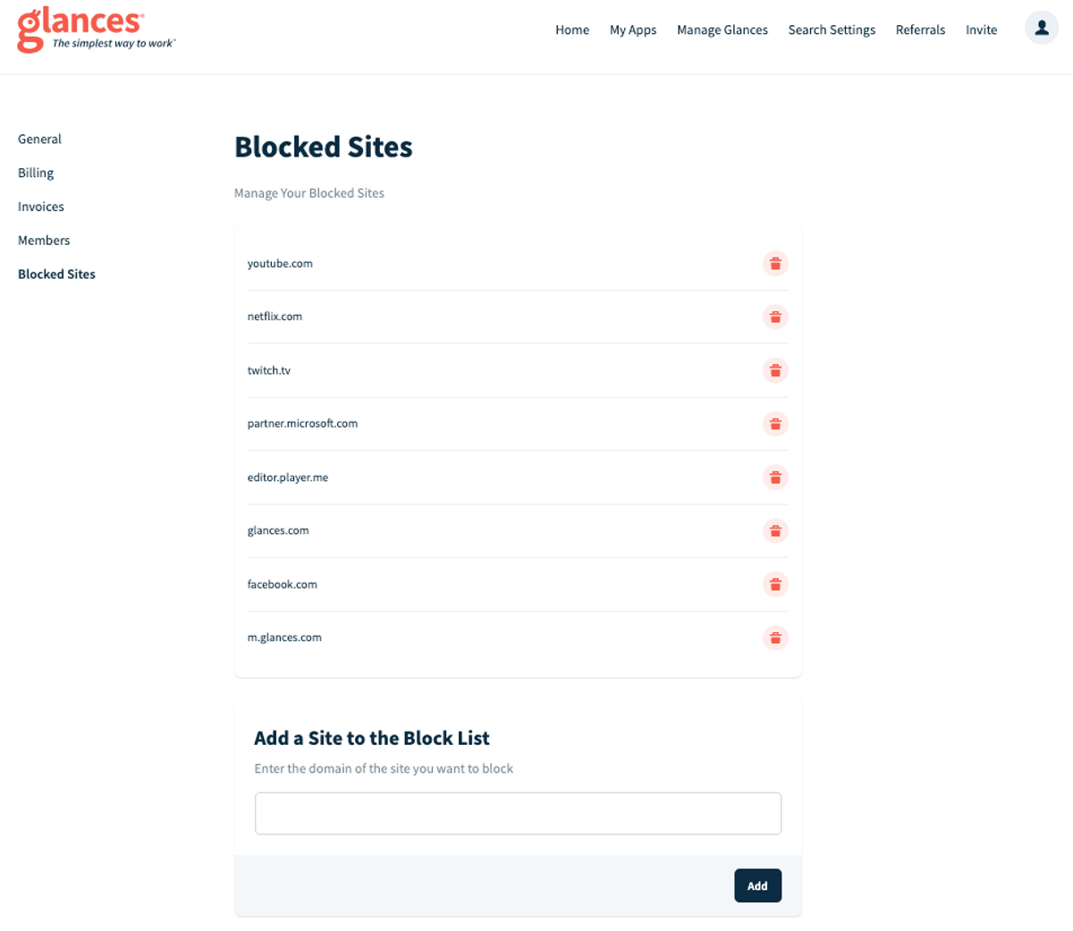 Screenshot showing the Glances dashboard and managing your Blocked Sites list