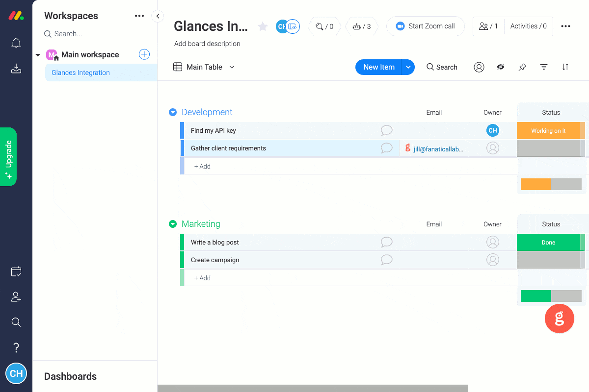 Animation of Glances user working in monday.com viewing data across multiple apps