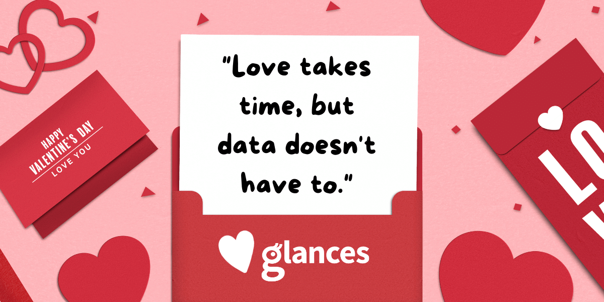 Glances promotional image of Valentine's Day quote about finding data quickly