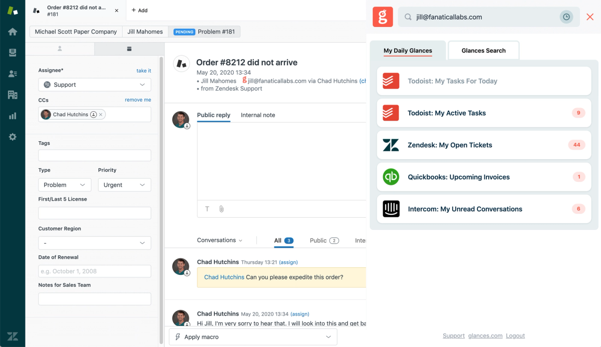 Screenshot of Glances user working in Zendesk viewing Todoist tasks