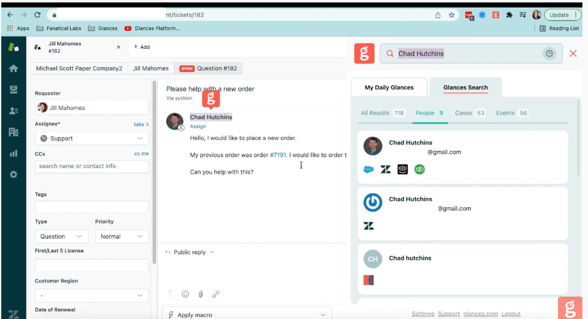 Screenshot of Glances user in Zendesk using highlight and search feature to view data across multiple apps