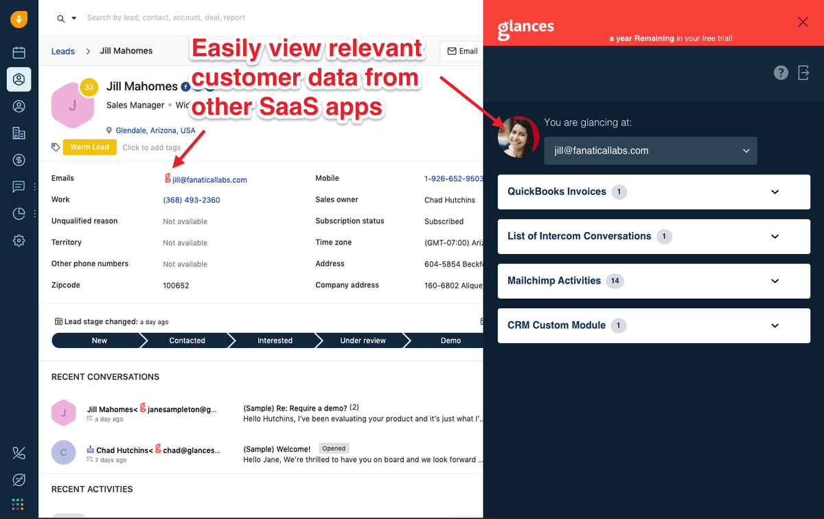 Glances user working in Freshsales to view data across multiple apps