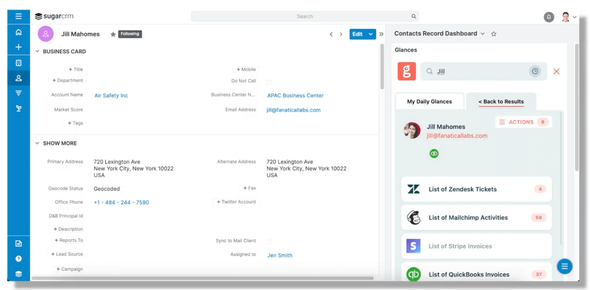 Glances dashlet view inside SugarCRM platform