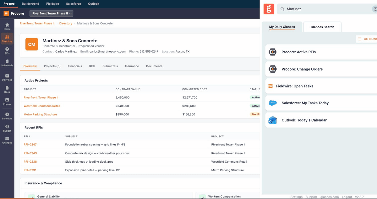 Animation showing how Glances integrates Procore, Fieldwire, Salesforce, Microsoft Outlook and more banking apps