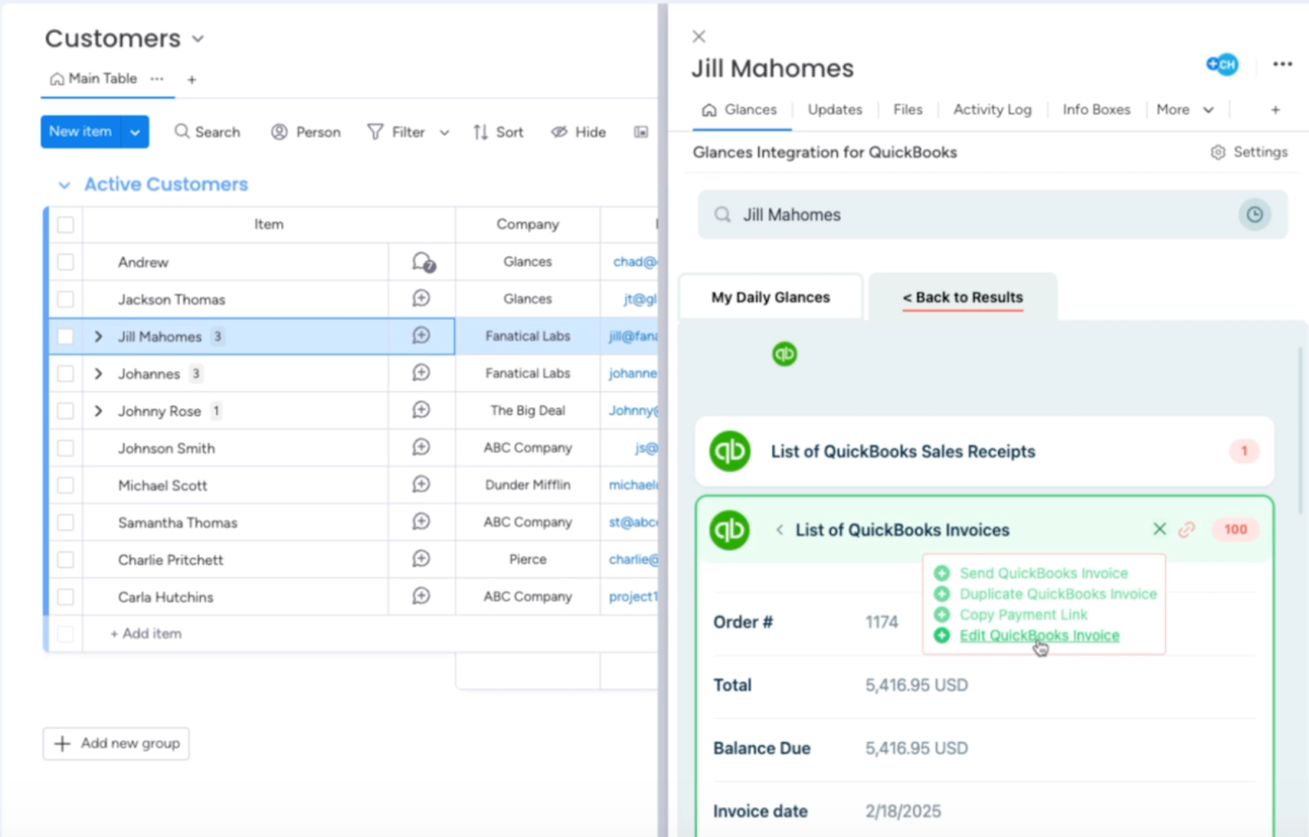 Glances Actions for QuickBooks help you manage invoicing anywhere online