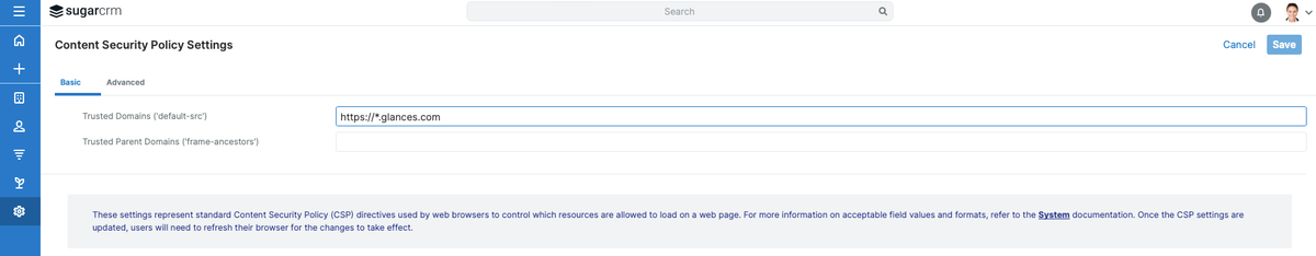 How to add Glances as a trusted domain in SugarCRM