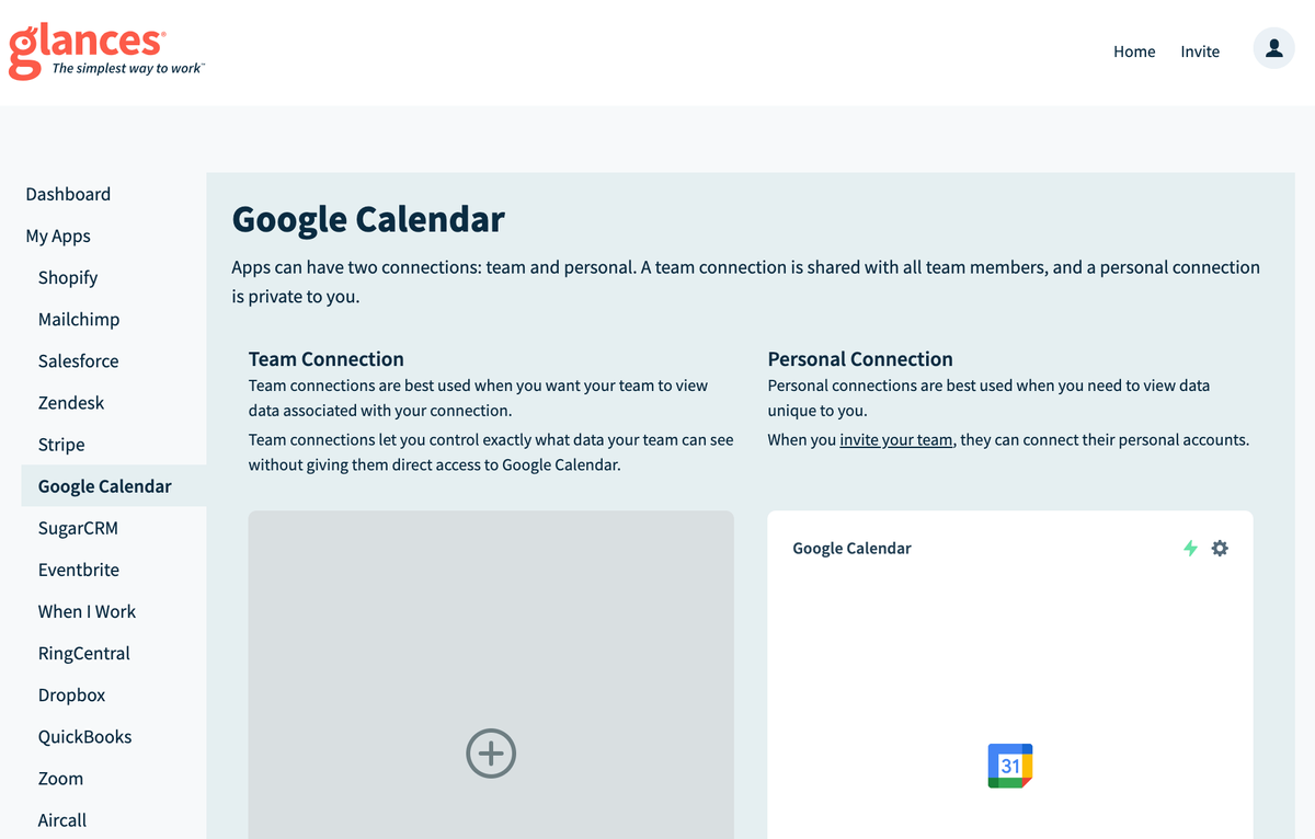 Choose team or personal connections when you connect your business apps with Glances
