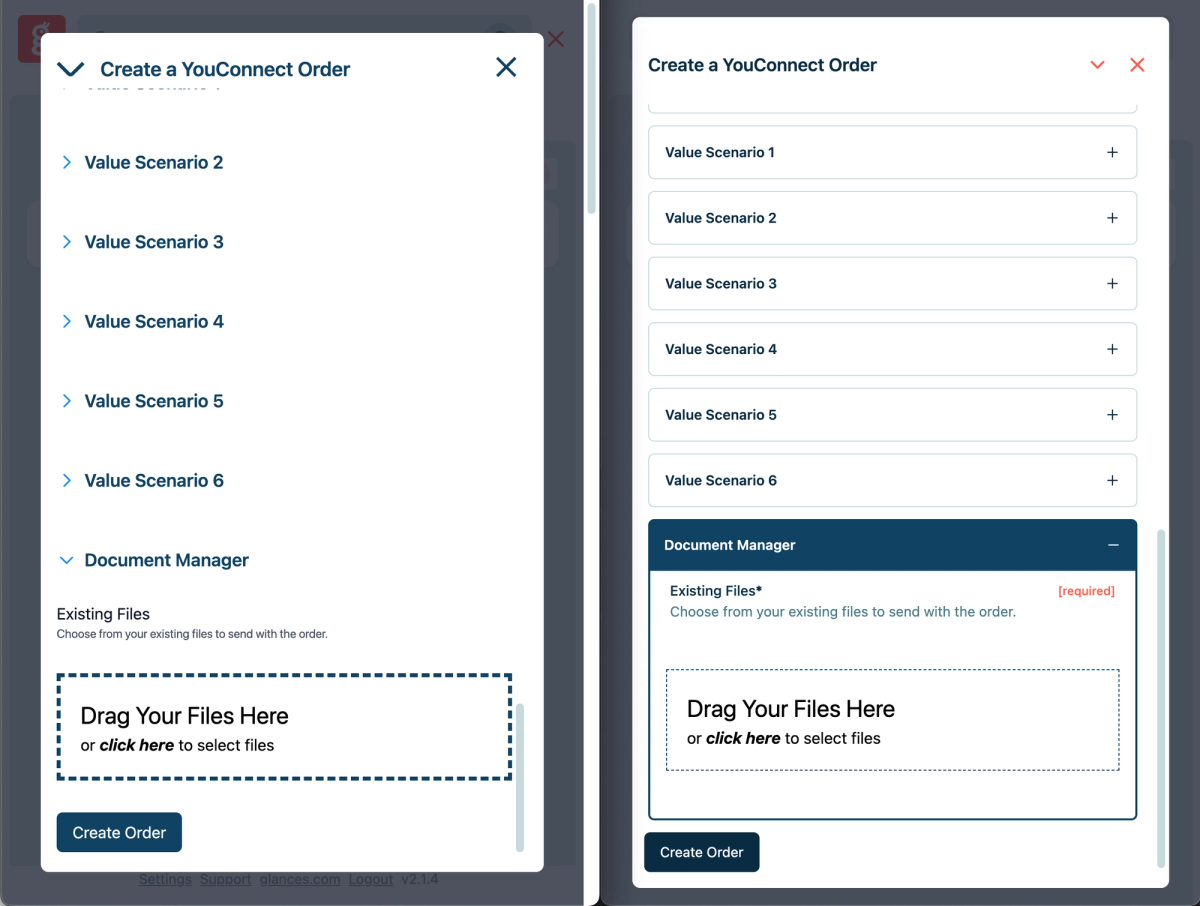 Glances Action Forms side-by-side design update for YouConnect appraisal orders