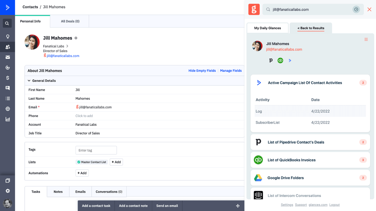 Screenshot of Glances user working in ActiveCampaign and viewing data across multiple apps in same view