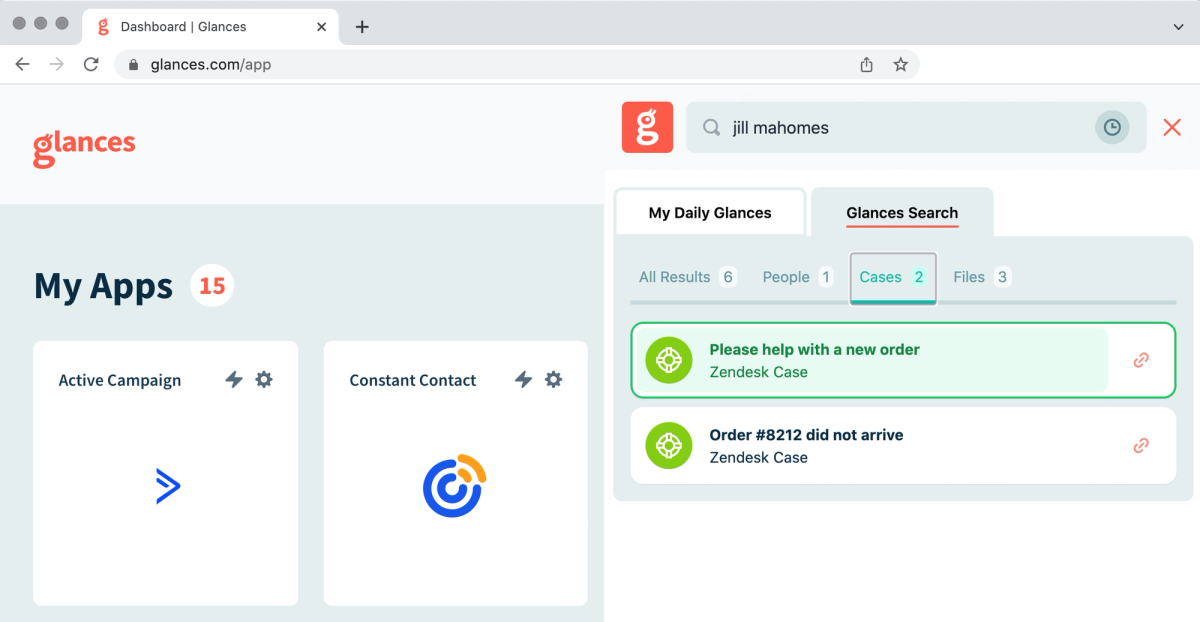 Screenshot of Glances one-click filter organizing your results by type