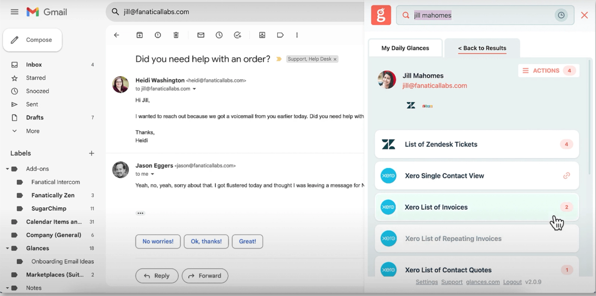 View Xero accounting data while working in Gmail or anywhere online, using Glances