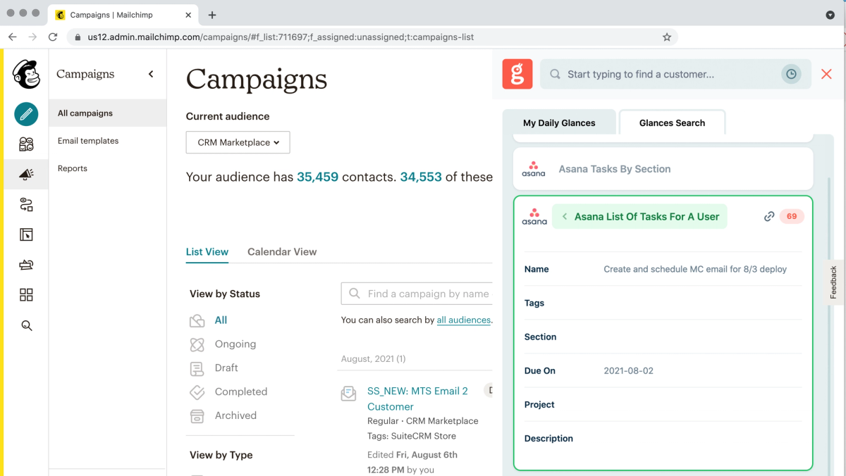 Screenshot of Glances user working in Mailchimp and viewing Asana tasks