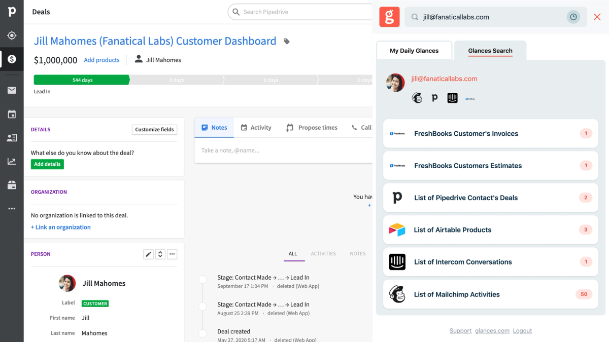 Screenshot of Glances user working in Pipedrive CRM and viewing FreshBooks data