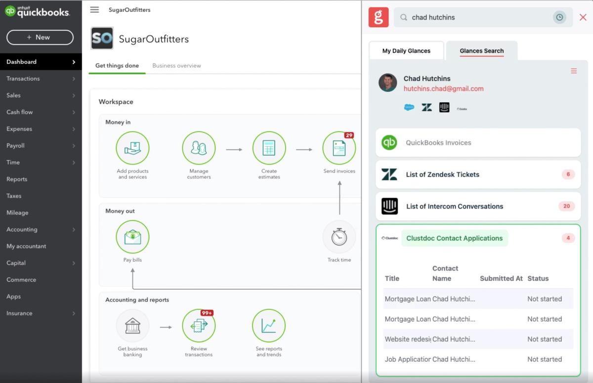 Glances user working in QuickBooks and viewing Clustdoc data
