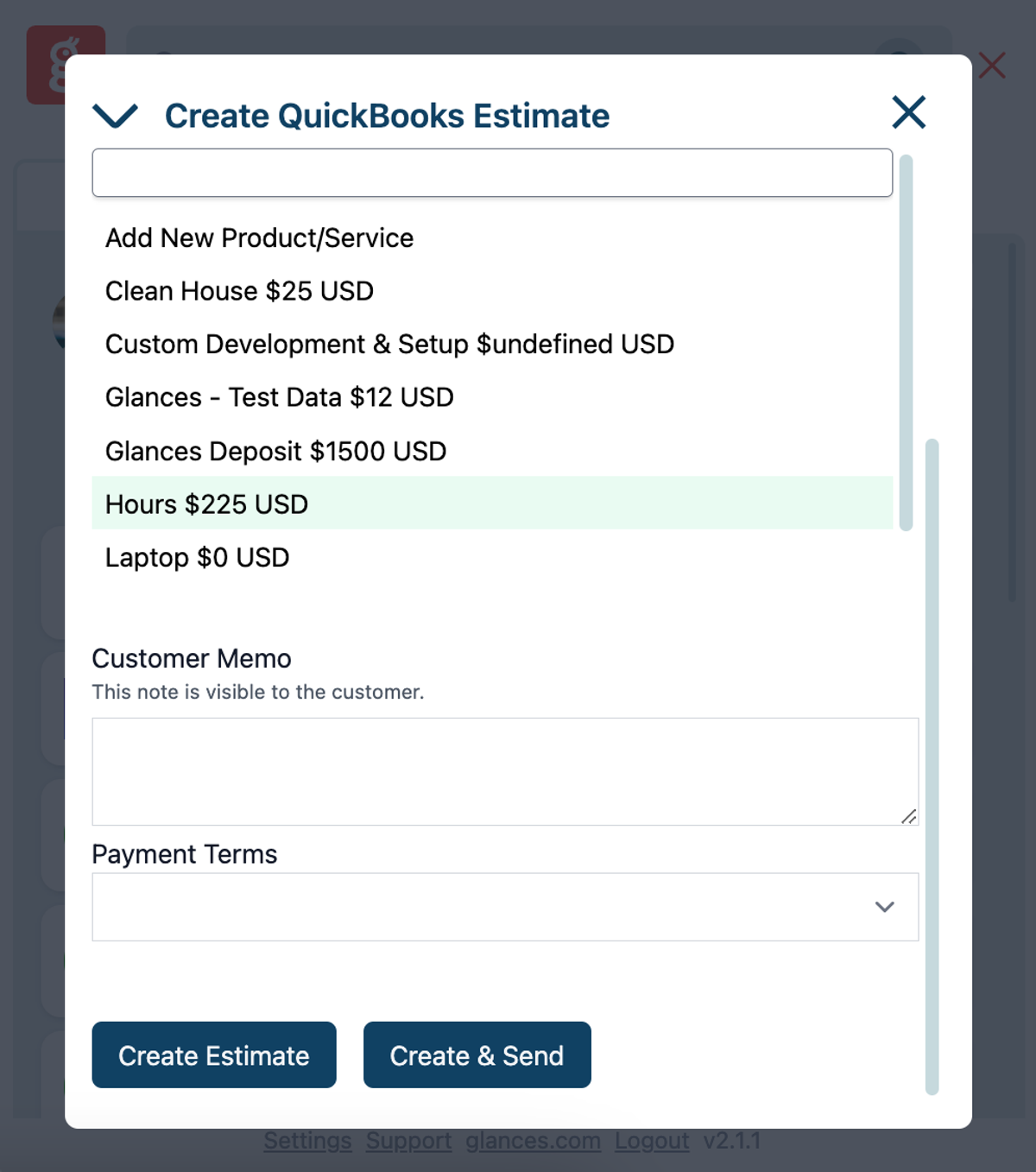 Screenshot showing the Customer Memo and Create & Send Actions for QuickBooks within Glances