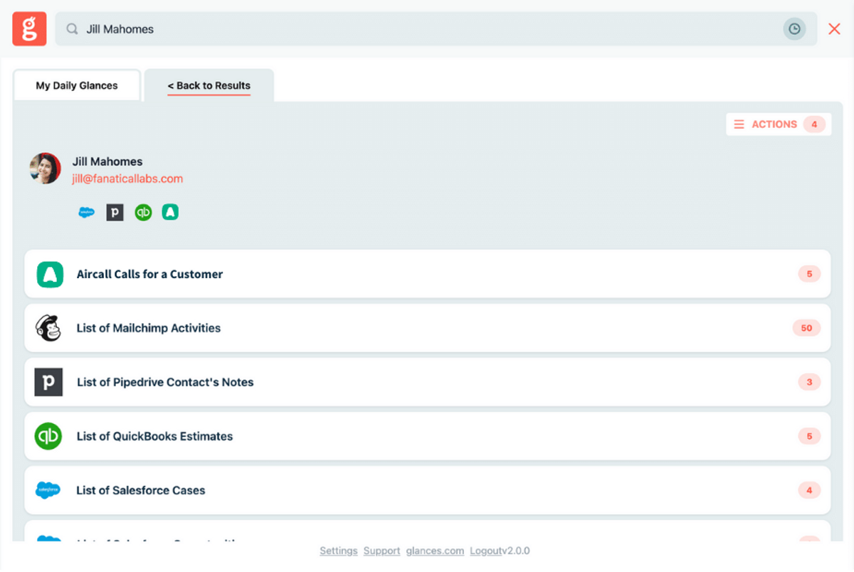 Glances user searching Aircall and more data across multiple connected apps