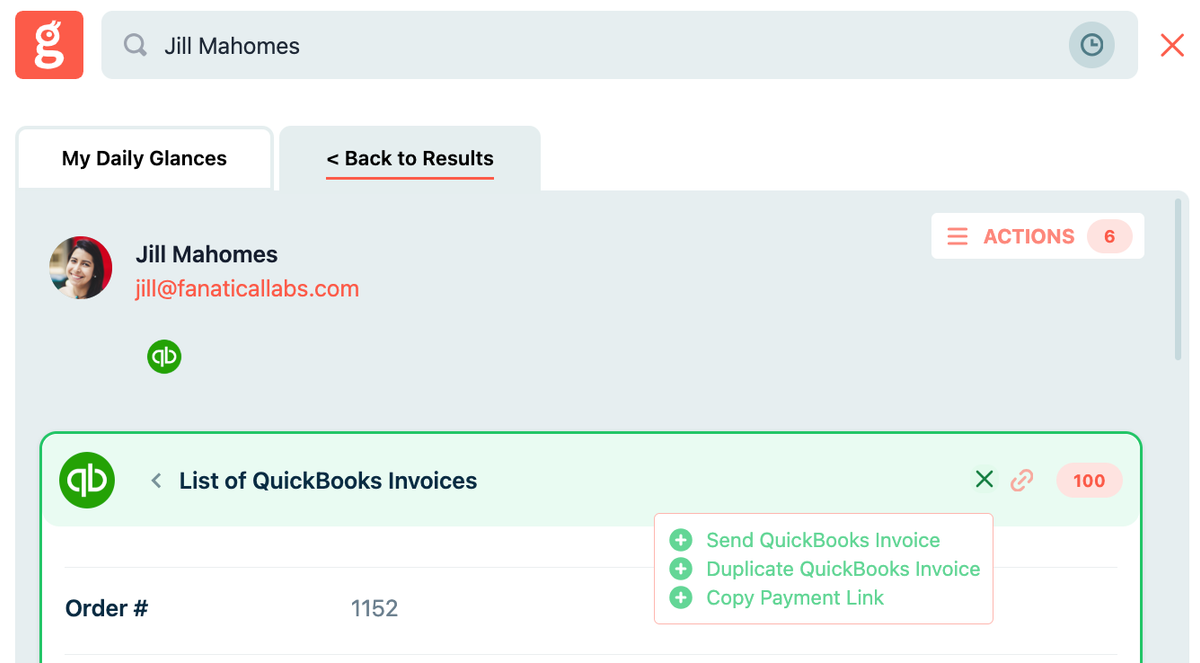 New QuickBooks Action to copy payment links directly in Glances