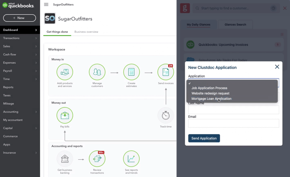 Glances user working in QuickBooks and using the Action menu to create a new Clustdoc application