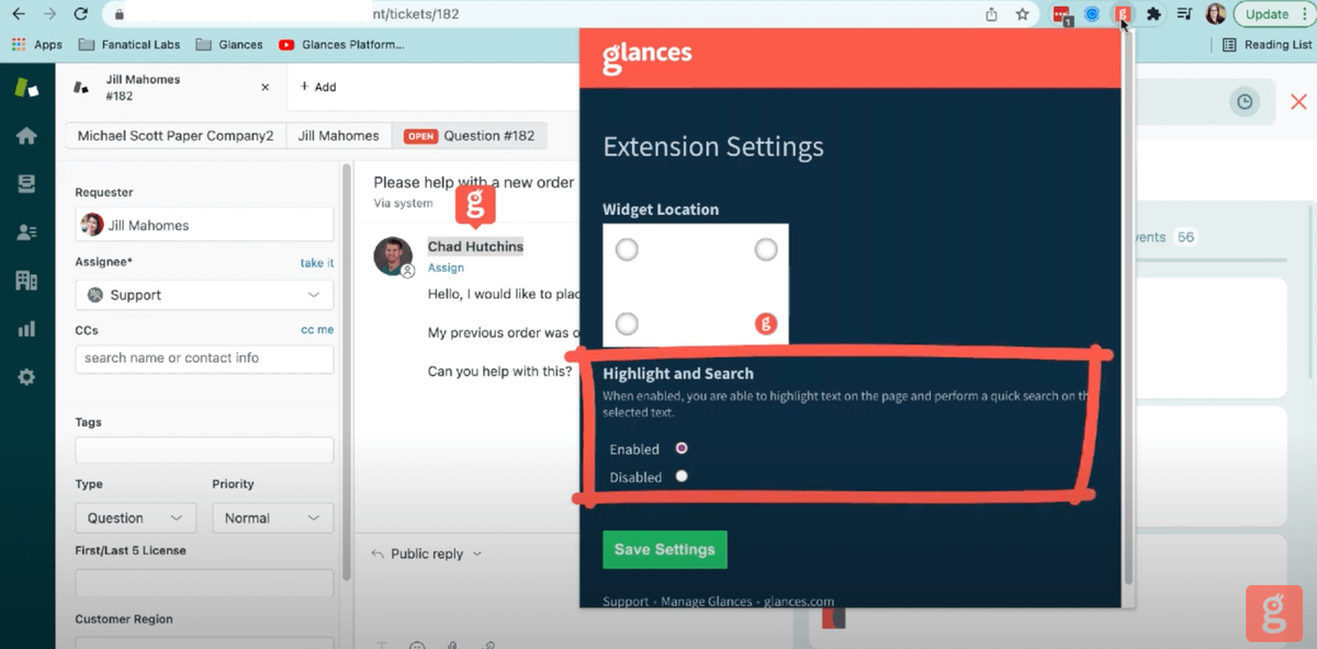 Screenshot of Glances user in Zendesk adjusting their highlight and search settings