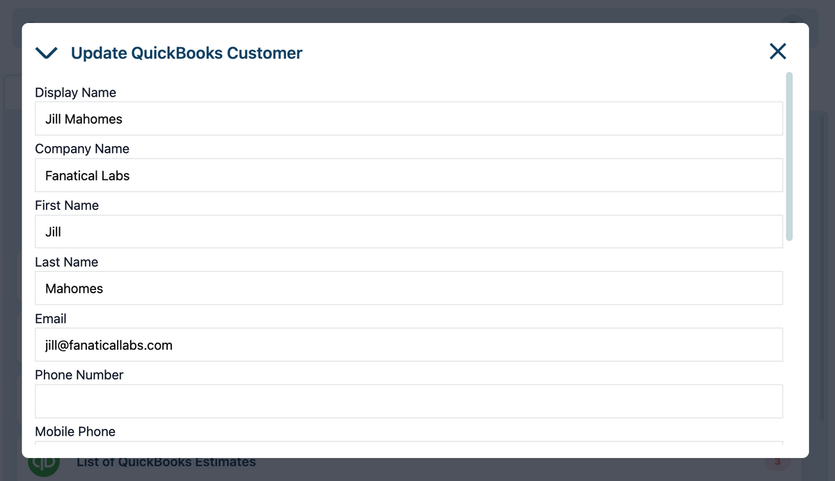 Screenshot showing the Update QuickBooks Customer Action within Glances