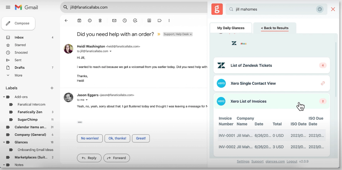 View Xero accounting data while working in Gmail or anywhere online, using Glances