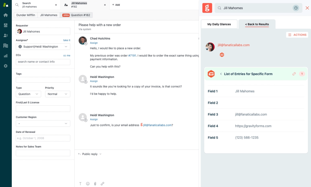 Screenshot of Glances user working in Zendesk and viewing Gravity Forms data in the same view