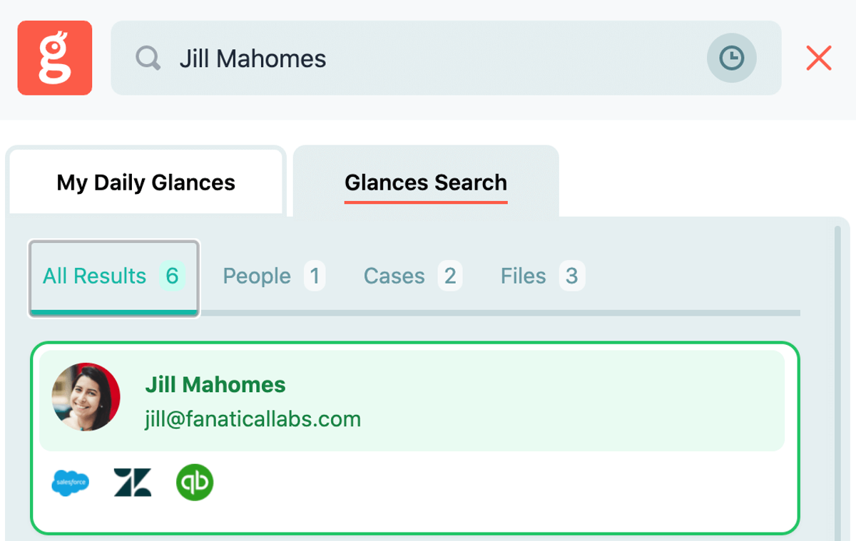 Screenshot of Glances one-click filter organizing your results by type