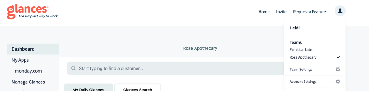 Glances team selection feature helps you switch between multiple app accounts