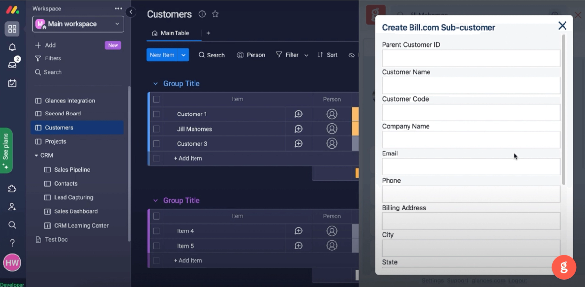 Product shot of creating a sub-customer using Glances Actions