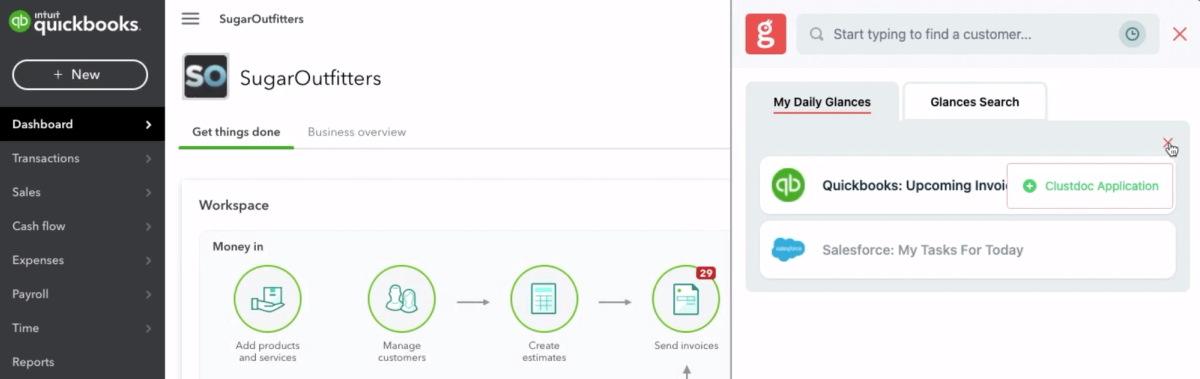 Glances user working in QuickBooks and using the Action menu to create a new Clustdoc application