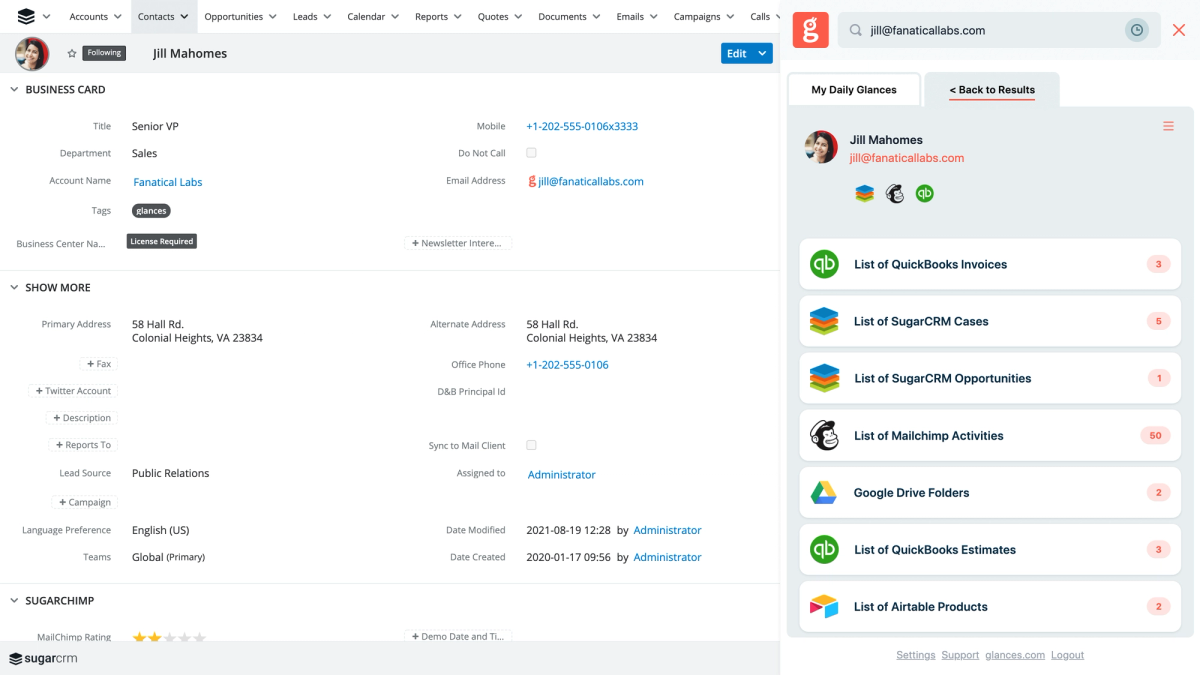 Screenshot of Glances user working in SugarCRM and viewing data across multiple apps in same view