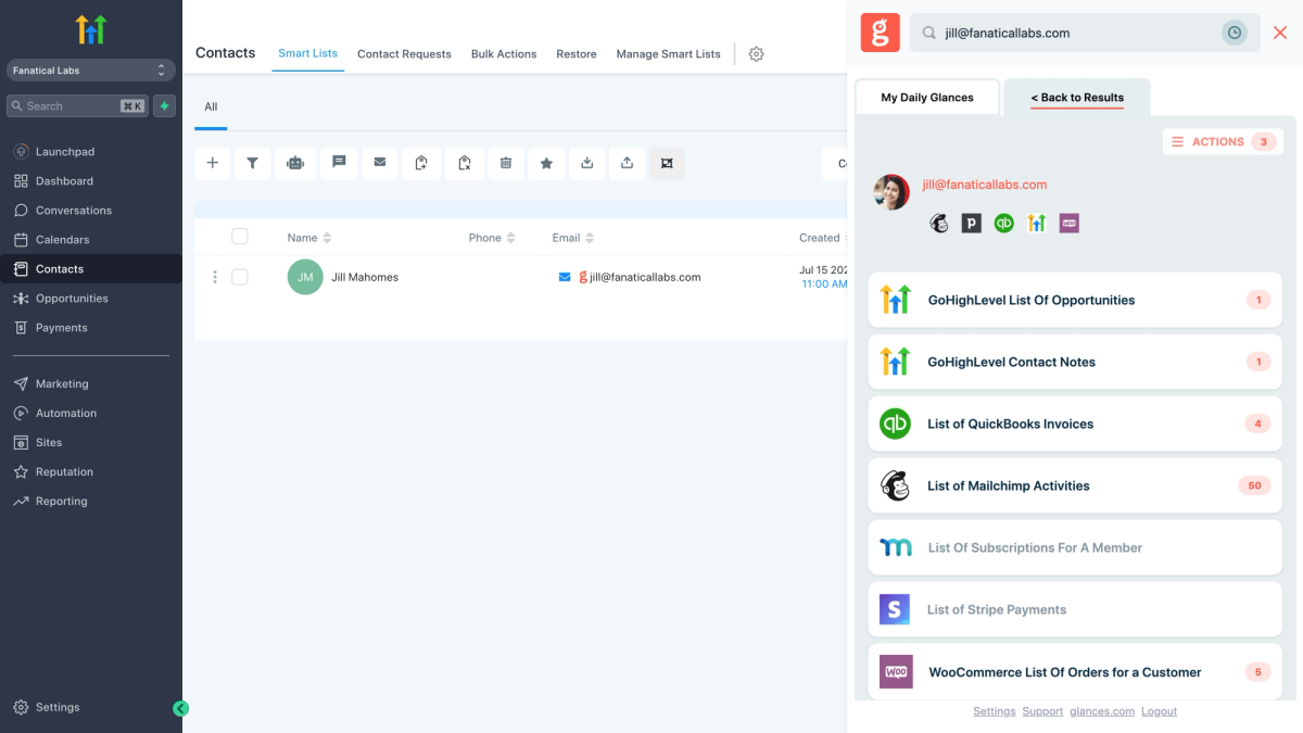 Screenshot of Glances user working in HighLevel and viewing data across multiple apps in one view