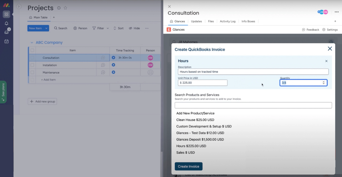 Introducing new Glances feature, auto-populate monday.com time tracking data in QuickBooks invoices