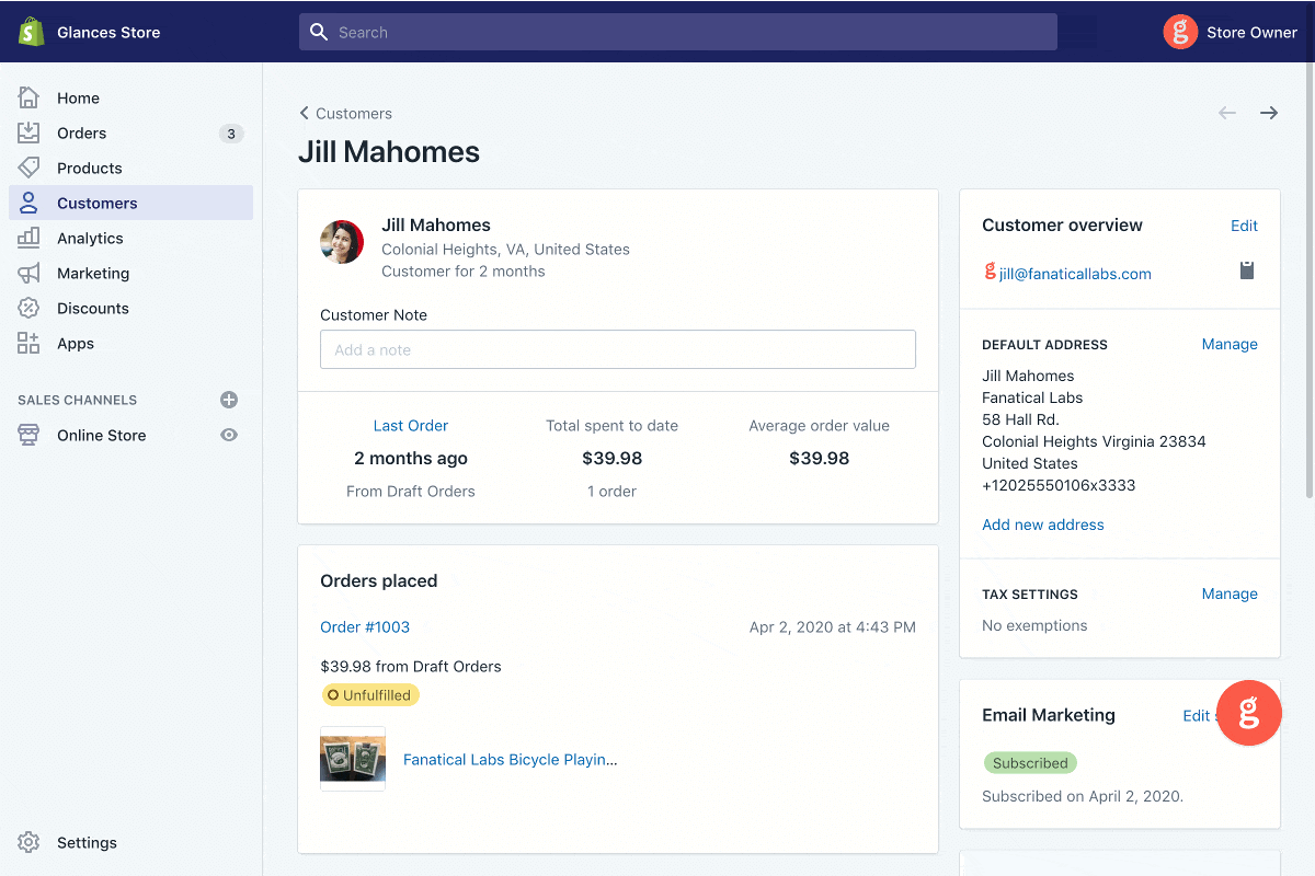 Animation of Glances user in the Shopify platform opening the Glances widget