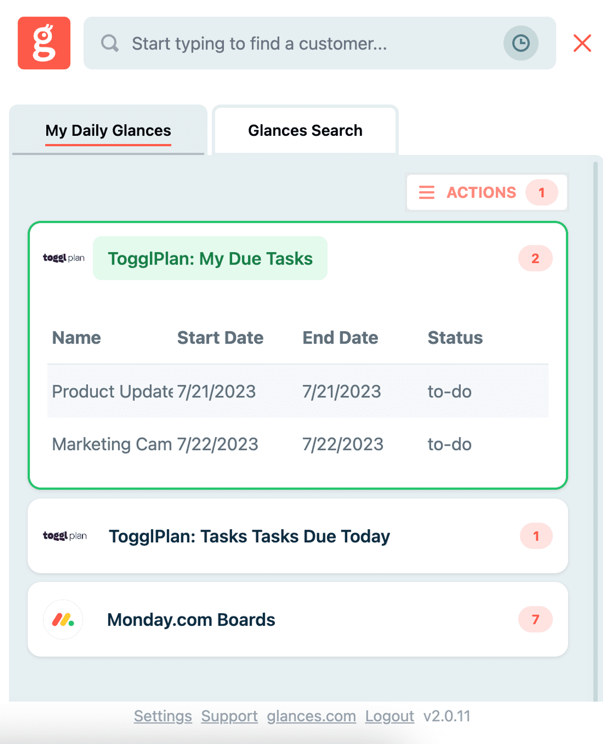 View Toggl Plan tasks data while working anywhere online, using Glances