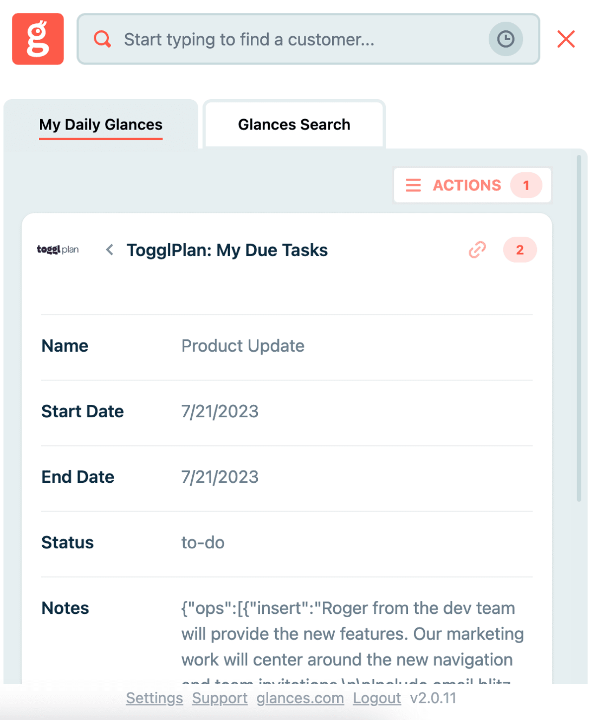 View Toggl Plan tasks data while working anywhere online, using Glances
