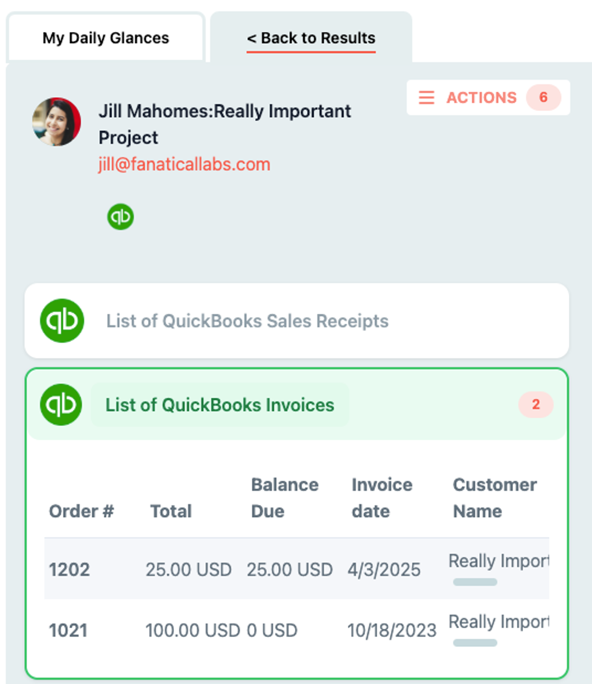 Glances supports QuickBooks projects and many other QuickBooks features