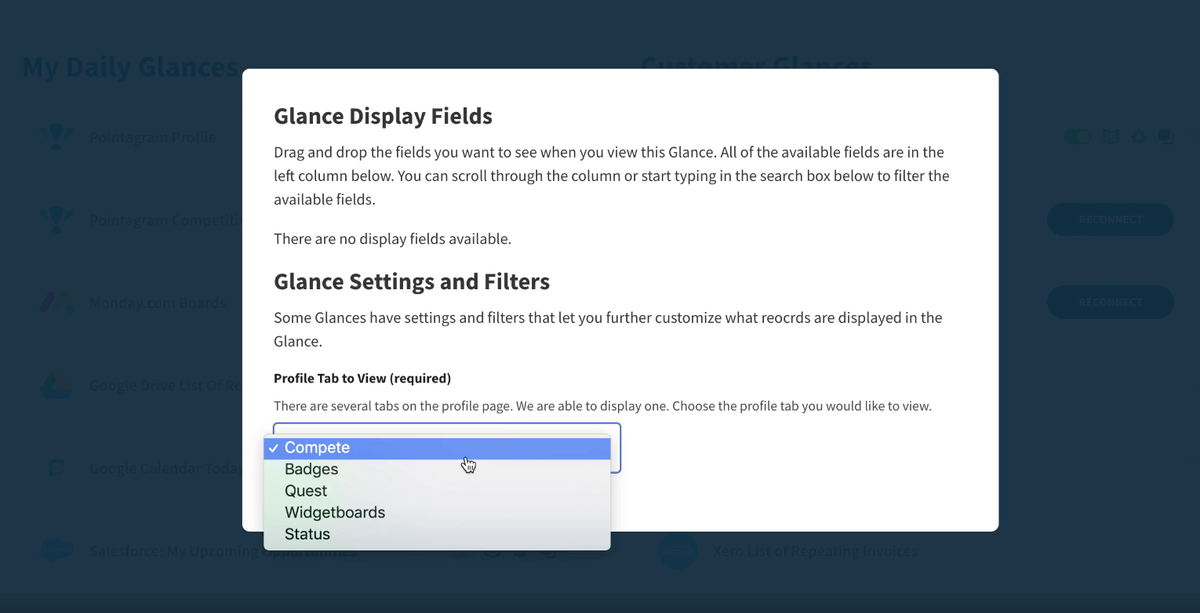 Screenshot of Glances Settings and how to view different Pointagram boards