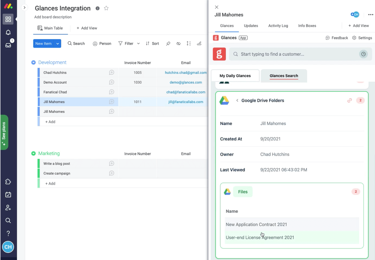 Screenshot of Glances user working in monday.com using Glances to view Google Drive folders