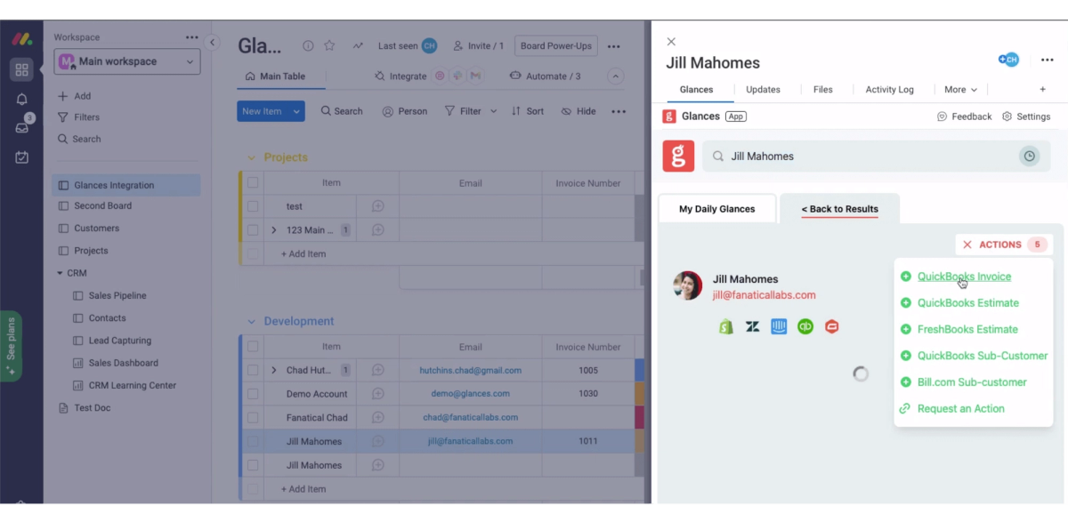 Screenshot of Glances user working in monday.com and using Glances to view data across the multiple apps